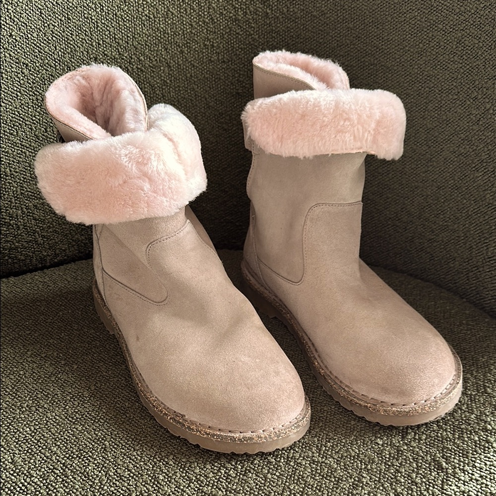 Birkenstock Uppsala Shearling Gray Taupe Suede Sz 39 *Like NEW